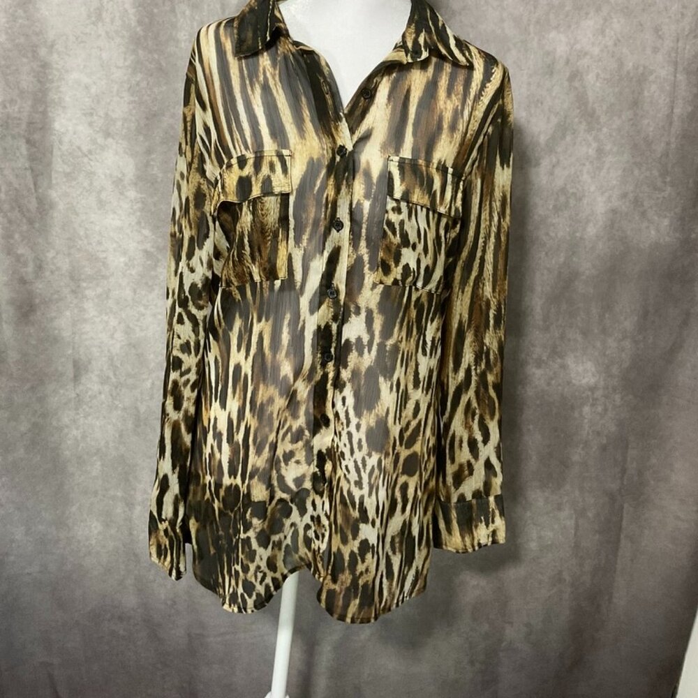 Alberto Makali Dolman Blouse Sheer Animal Print Size Large Button Up